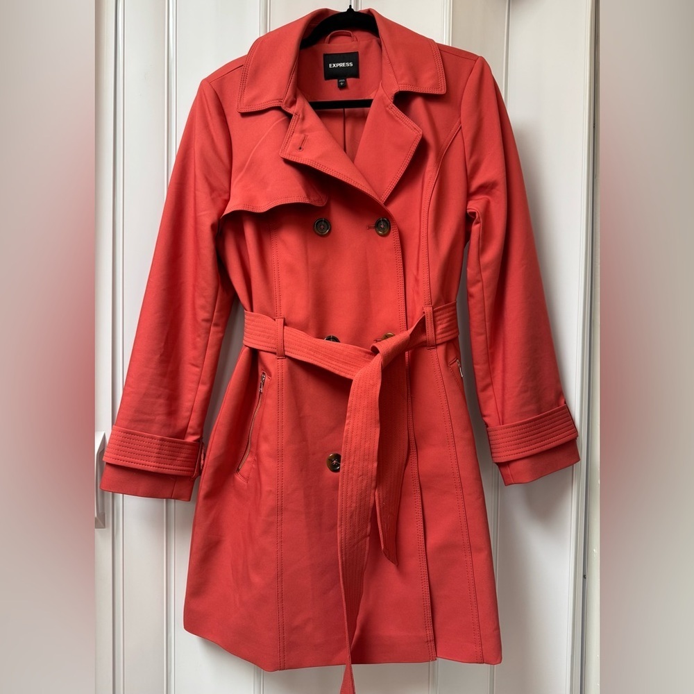 Express Women's Coral Double-Breasted Belted Trench Coat Size L